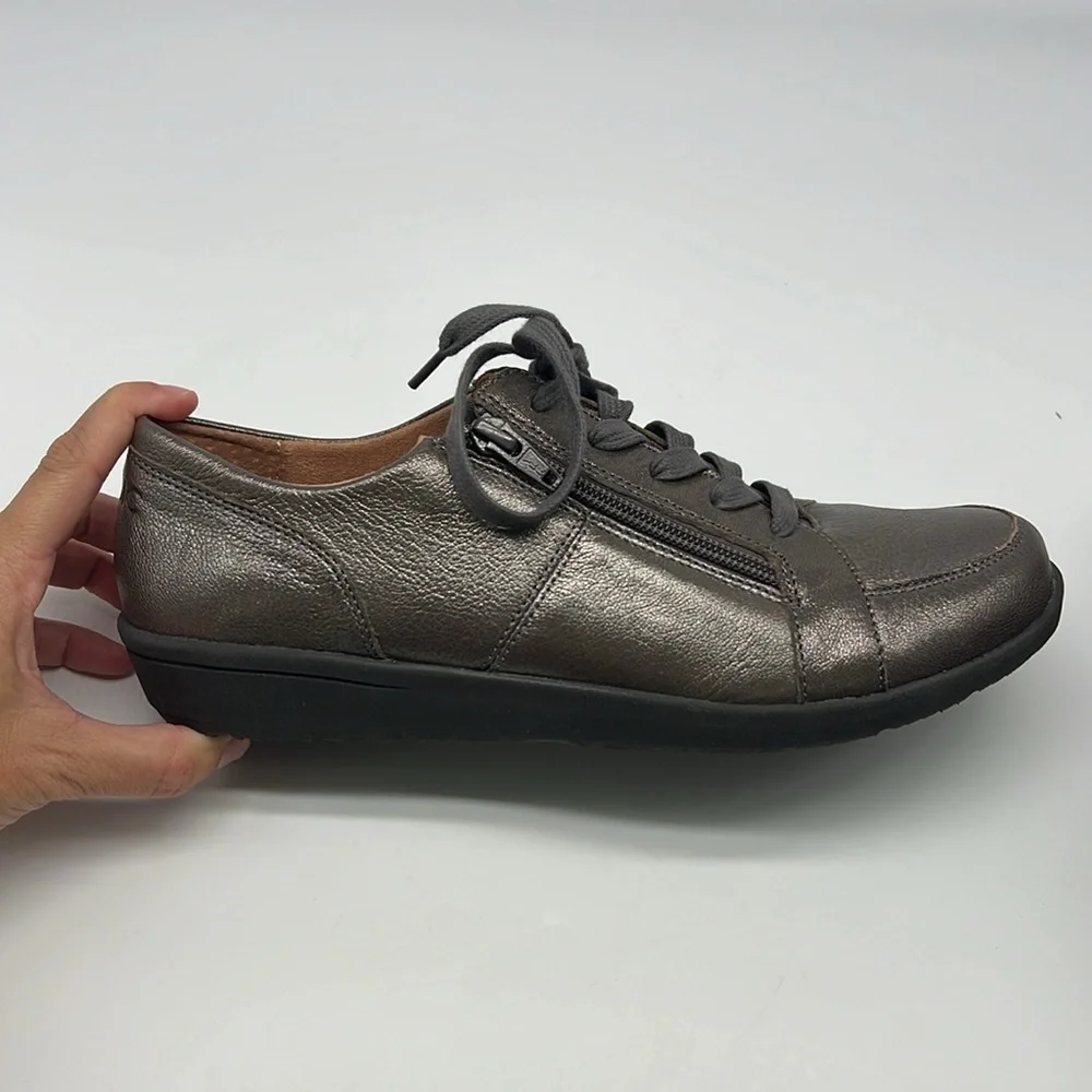 Vionic - Abigail Lace And Zip Up Pewter Metallic Lightweight Leather Sneaker SZ8